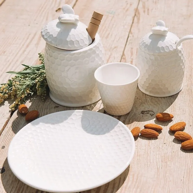 Tarro para la miel de porcelana con cuchara de madera Aperegina La Porcellana Bianca