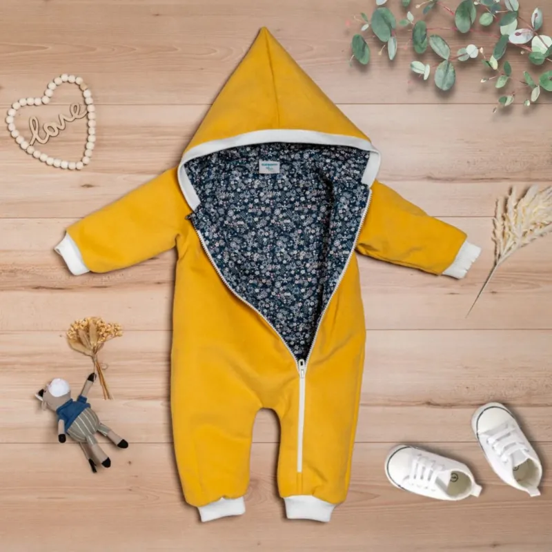 Wollfleece Overall "Blumenmuster" senfgelb